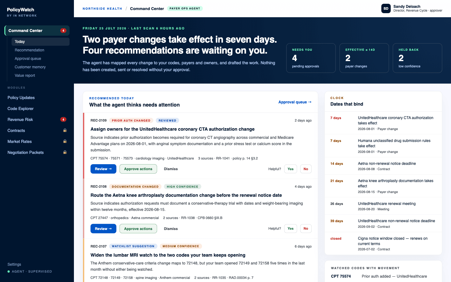The Command Center dashboard: a dated header stating how many payer changes take effect within the week and how many recommendations are waiting on the user, with counters for pending approvals, changes effective within fourteen days, and items held back for low confidence; a recommended-today list where each card carries a recommendation ID, a change-class chip, a review or confidence label, a plain-English summary of what the source indicates, the affected CPT codes, service line and payer, the number of sources and the policy page reference, and controls to review, approve the actions, or dismiss, plus a helpful yes or no vote; and a dates-that-bind panel listing effective dates, contract notice deadlines, a renewal meeting and a closed notice window in order of days remaining.